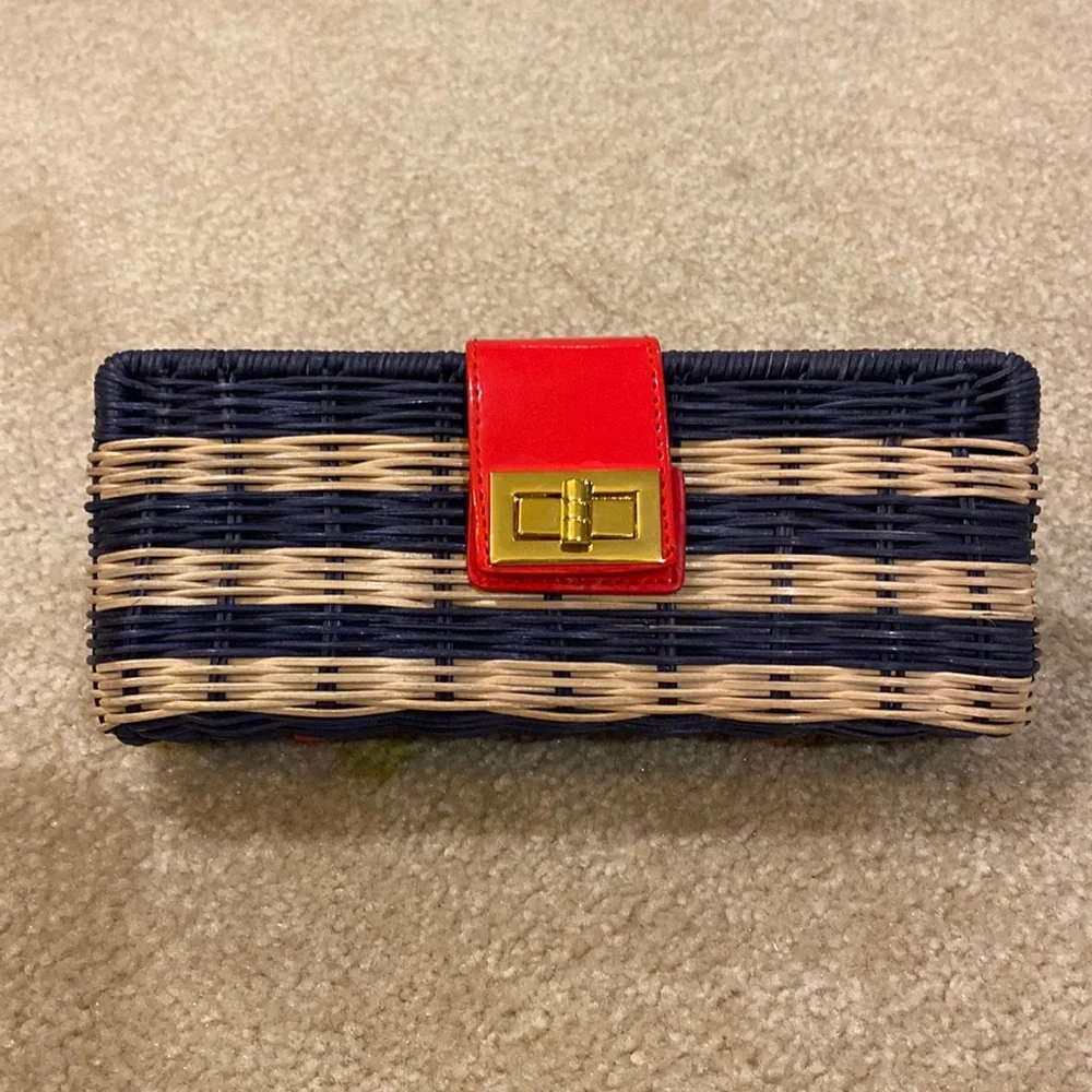 JCrew Factory wood clutch red natural and blue colored with gold hard wear